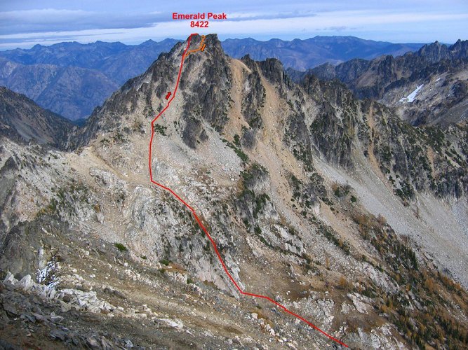 Despite our best intentions, we missed the route again on our way up.
We correctly followed the main gray gully up to a notch, but then we went upward too directly onto steeper terrain.
For our descent, we came down the upper talus field, then made one steep step down to the notch.